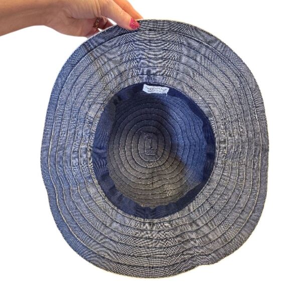 Straw Studios Dark Blue Denim and White Striped Floppy Straw Sun Hat - Picture 6 of 7